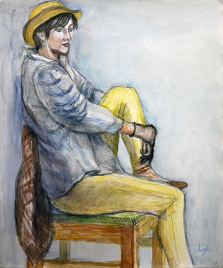 黄色い帽子の女